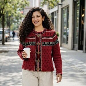 Susan Bristol Red Wool Fair Isle Knit Cardigan Sweater Jacket Size L Clasps